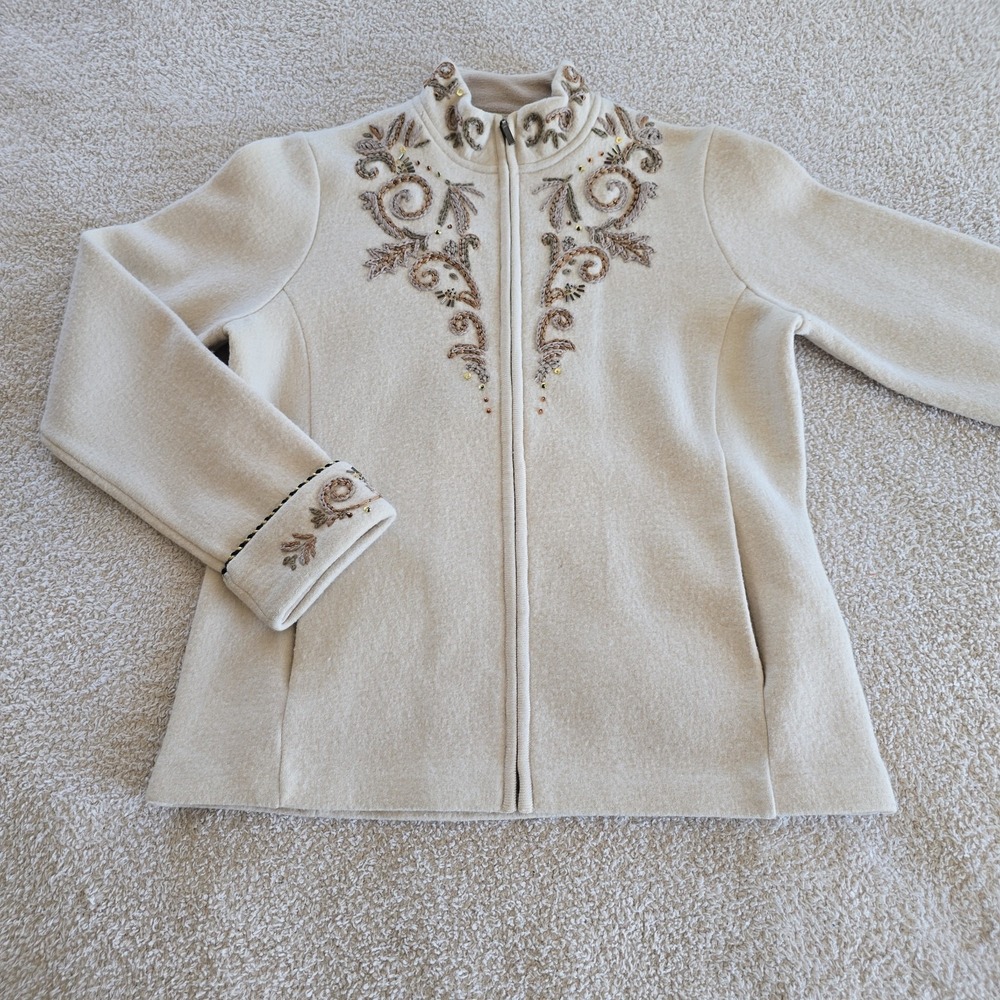 Icelandic Designs Boiled Wool Full-zip Jacket Coat Embroidered Beaded Cream Sz S